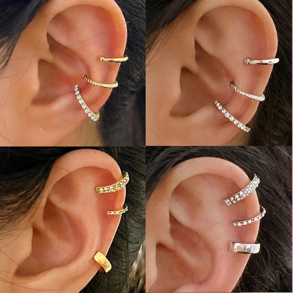 3PCS Vintage Crystal Ear Cuff Set for Women and Teens Non Piercing Gold Clip Earrings Jewelry Gift