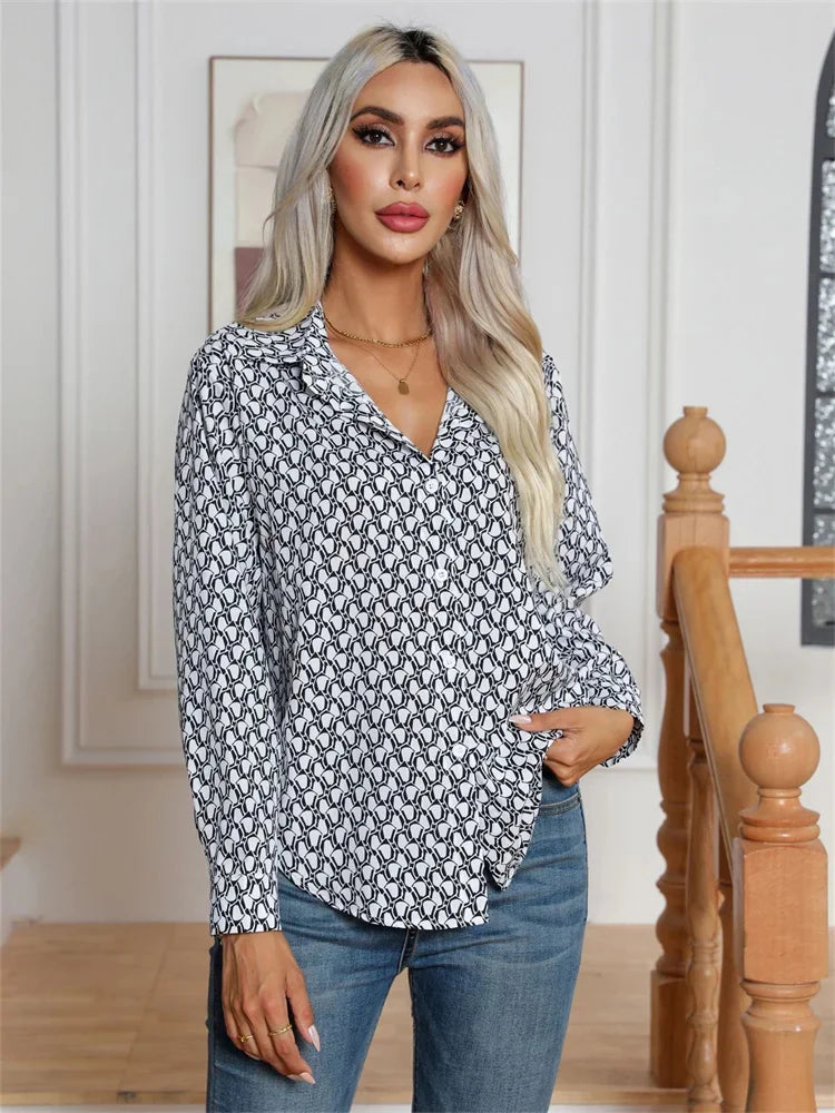 Women Casual Loose Fit Printed Blouse Shirt with Turn-Down Collar Long Sleeve Spring and Summer Top