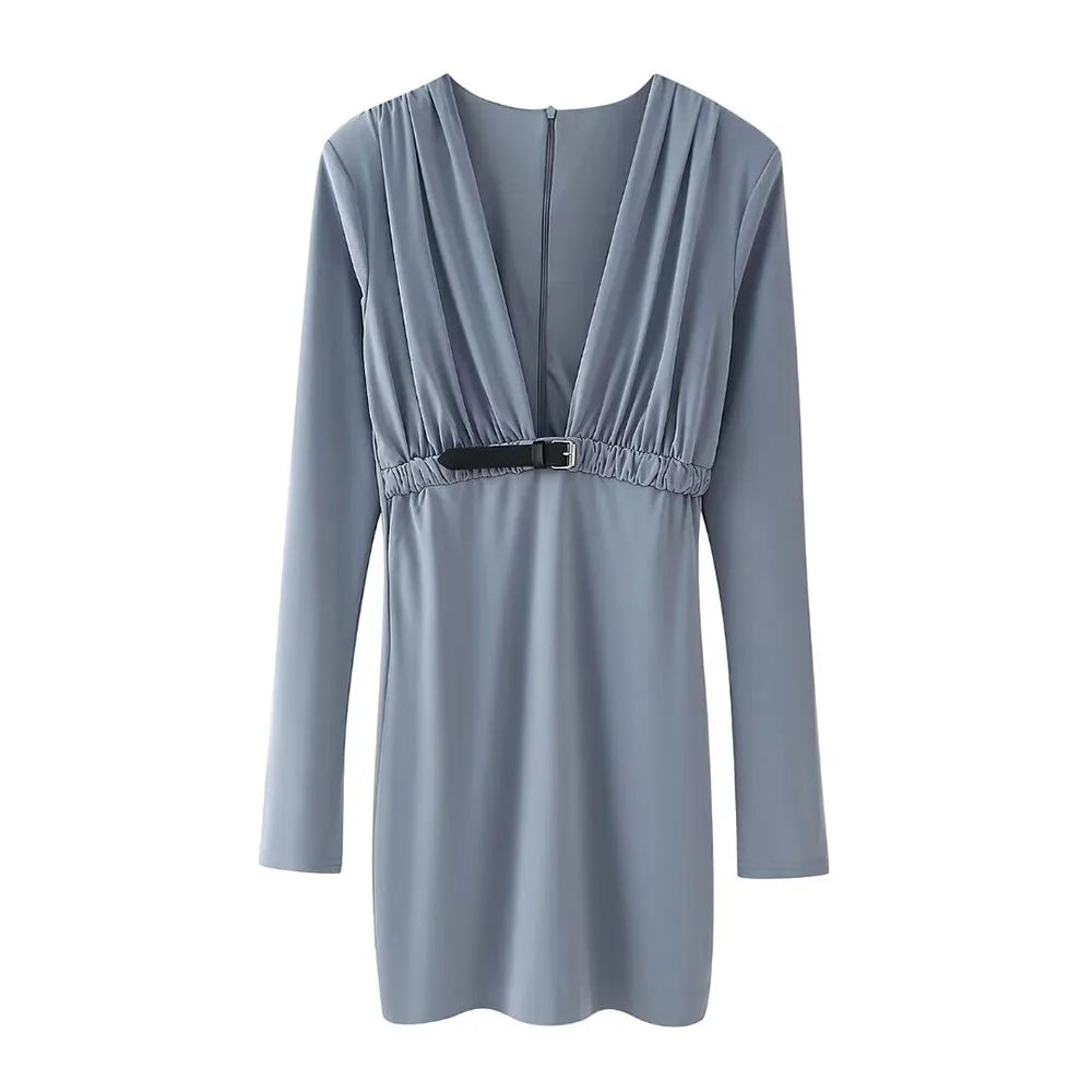 Slimming Pleated Belted Dress For Casual Office Wear