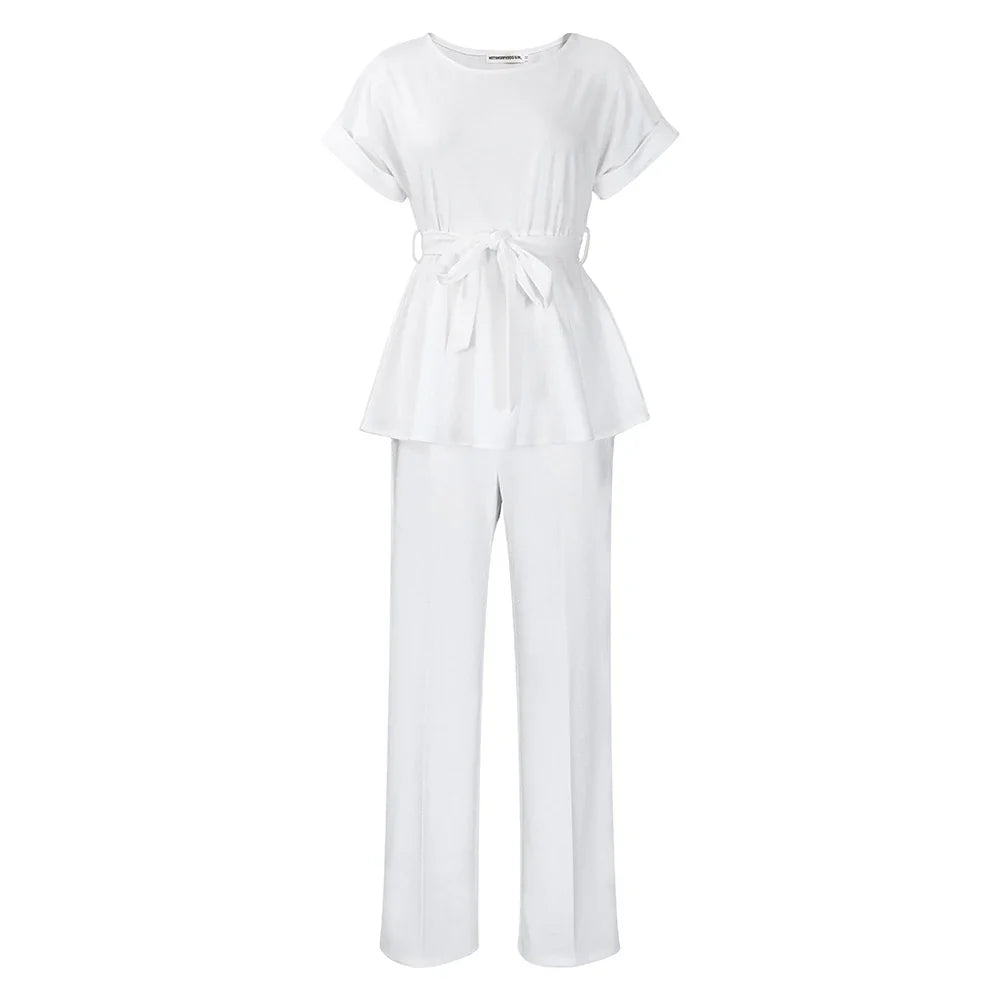 Women's Elegant 2 Piece Pants Set with Solid Blouse Short Sleeve O Neck and Long Trousers