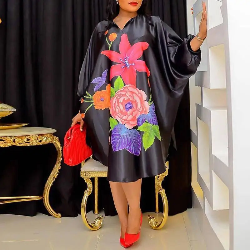 Bohemian Floral Midi Dress With Bat Sleeve Casual Loose Fit