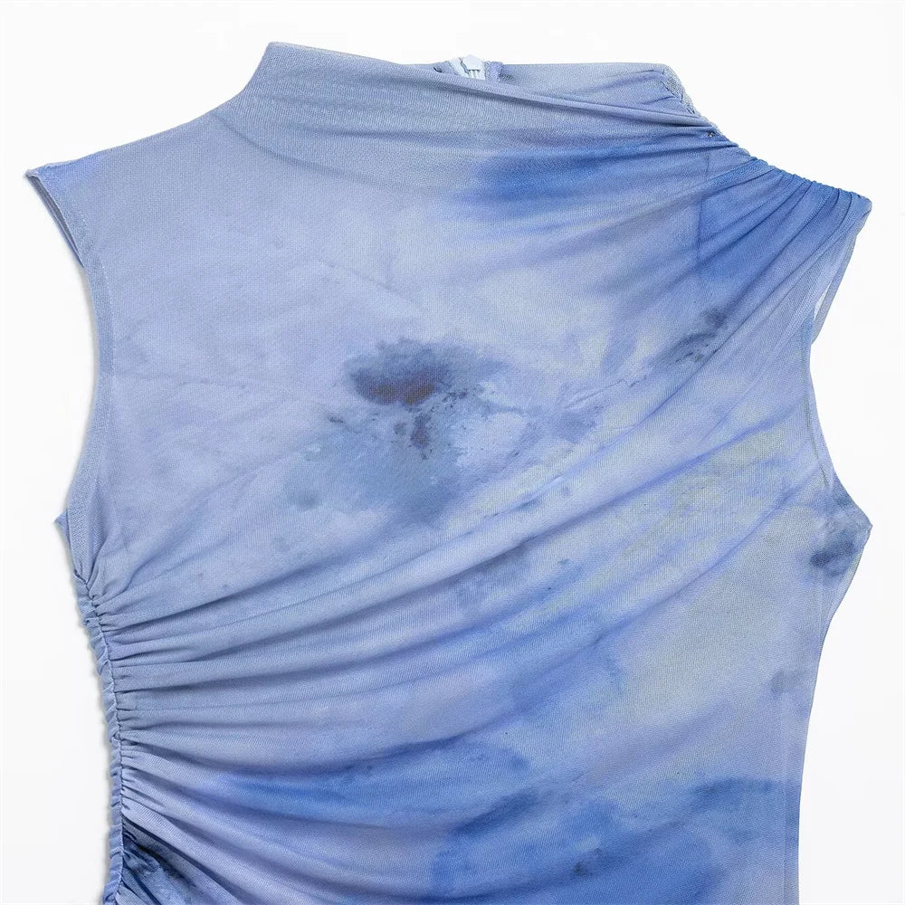 Slimming Printed Sleeveless Dress With Stand Up Collar