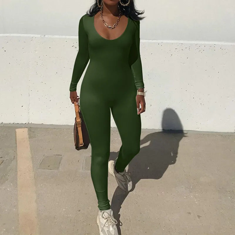 Women's Black Long Sleeve Bodycon Jumpsuit Slim Fit Sexy Solid Romper Casual Sporty Skinny Streetwear for Autumn Winter