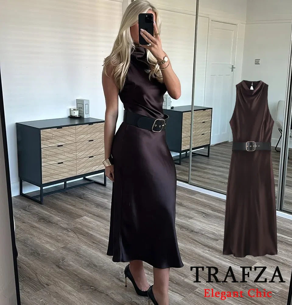 Elegant Satin Belt Midi Dress For Women Vintage Brown
