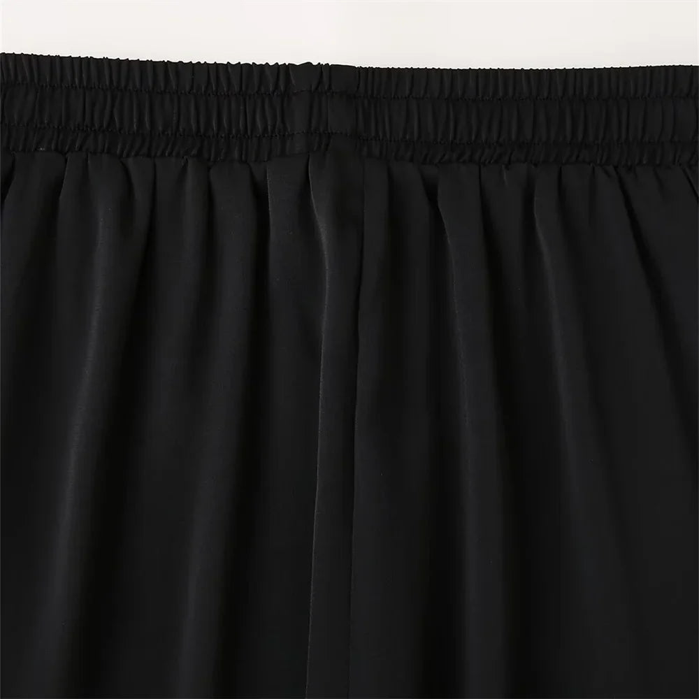 Women's Satin Texture Sequin Embroidered Shirt and High Waist Long Pants Set