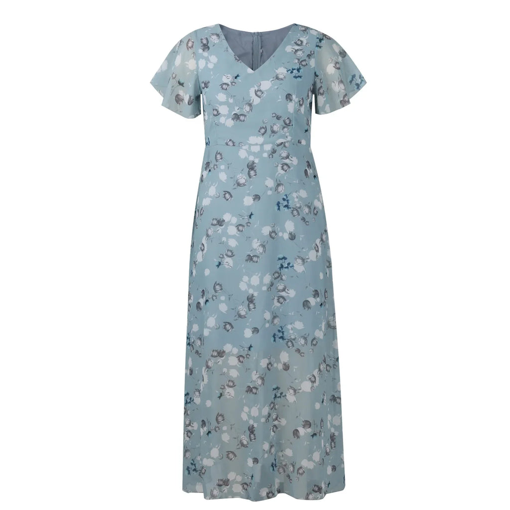 Women's Floral Chiffon Swing Dress with V Neck Short Sleeve