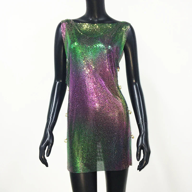 Y2K Metallic Sequins Mini Dress For Women Backless Clubwear