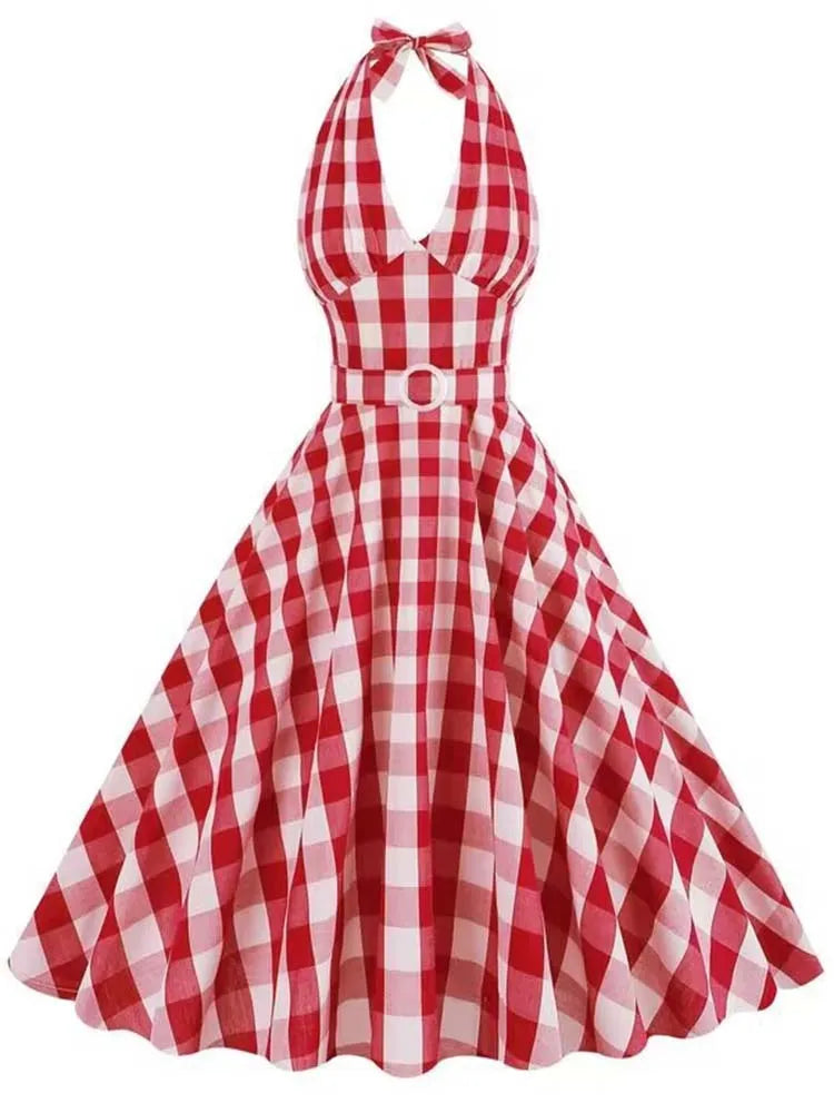 Vintage Polka Dot Halter Dress With Deep V Neck For Summer