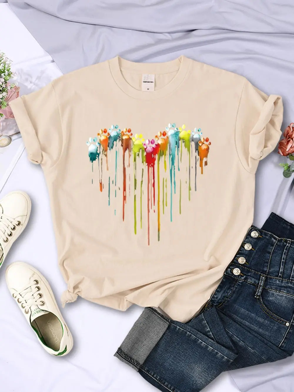 Multicolored Cat Paw Print T-Shirt for Women Comfortable O-Neck Short Sleeve Summer Casual Top