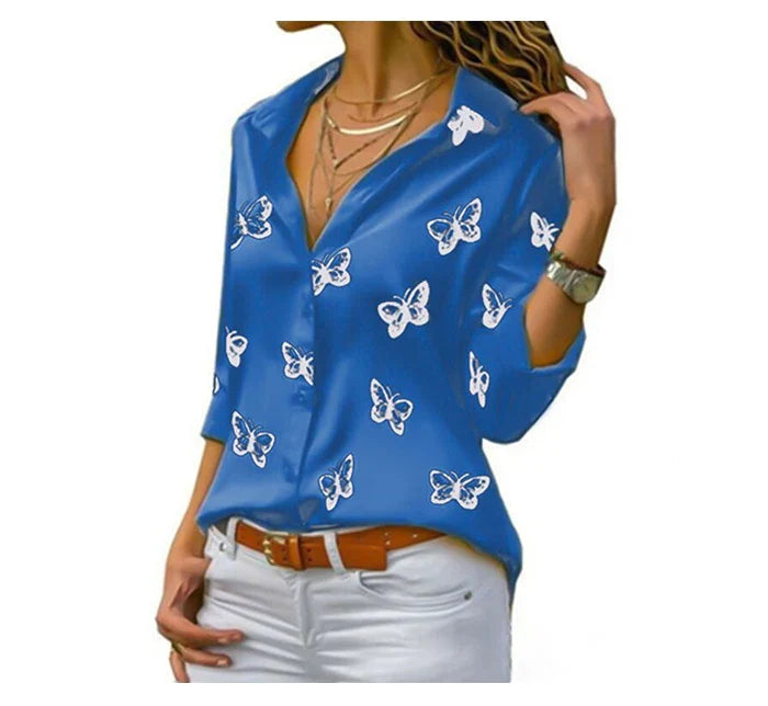 Elegant Women Butterfly Print Loose Fit Long Sleeve Blouse with Turn Down Collar Casual Oversized Office Shirt for Spring and Autumn