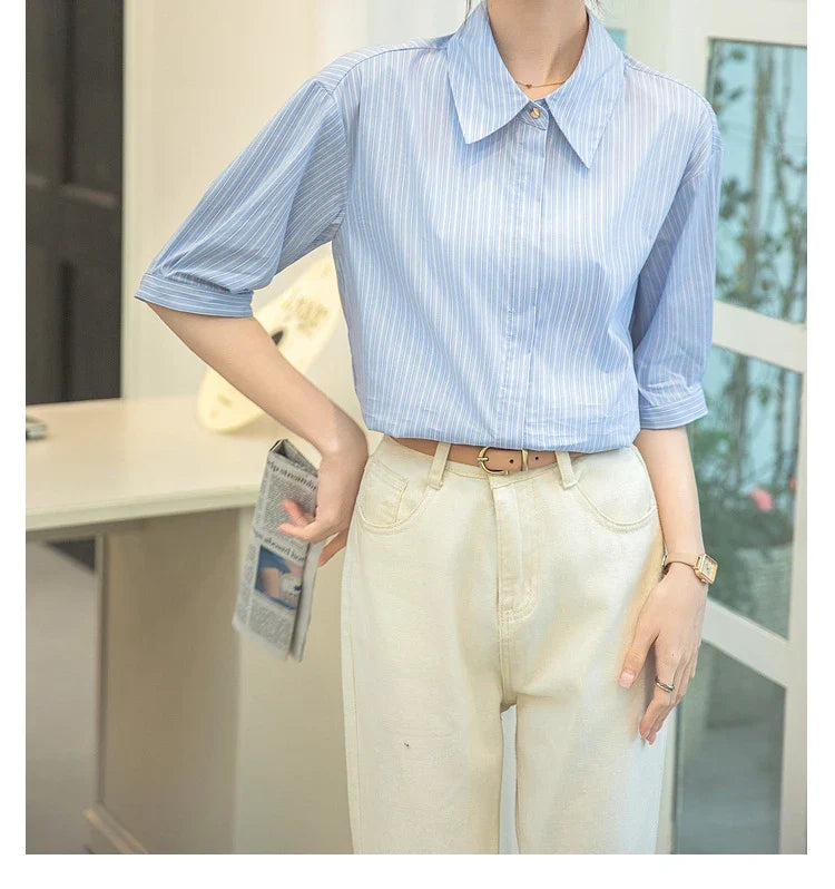Women Casual Blue Stripe Short Sleeve Polo Collar Shirt Elegant Loose Office Blouse Single Breasted Summer Chic Top