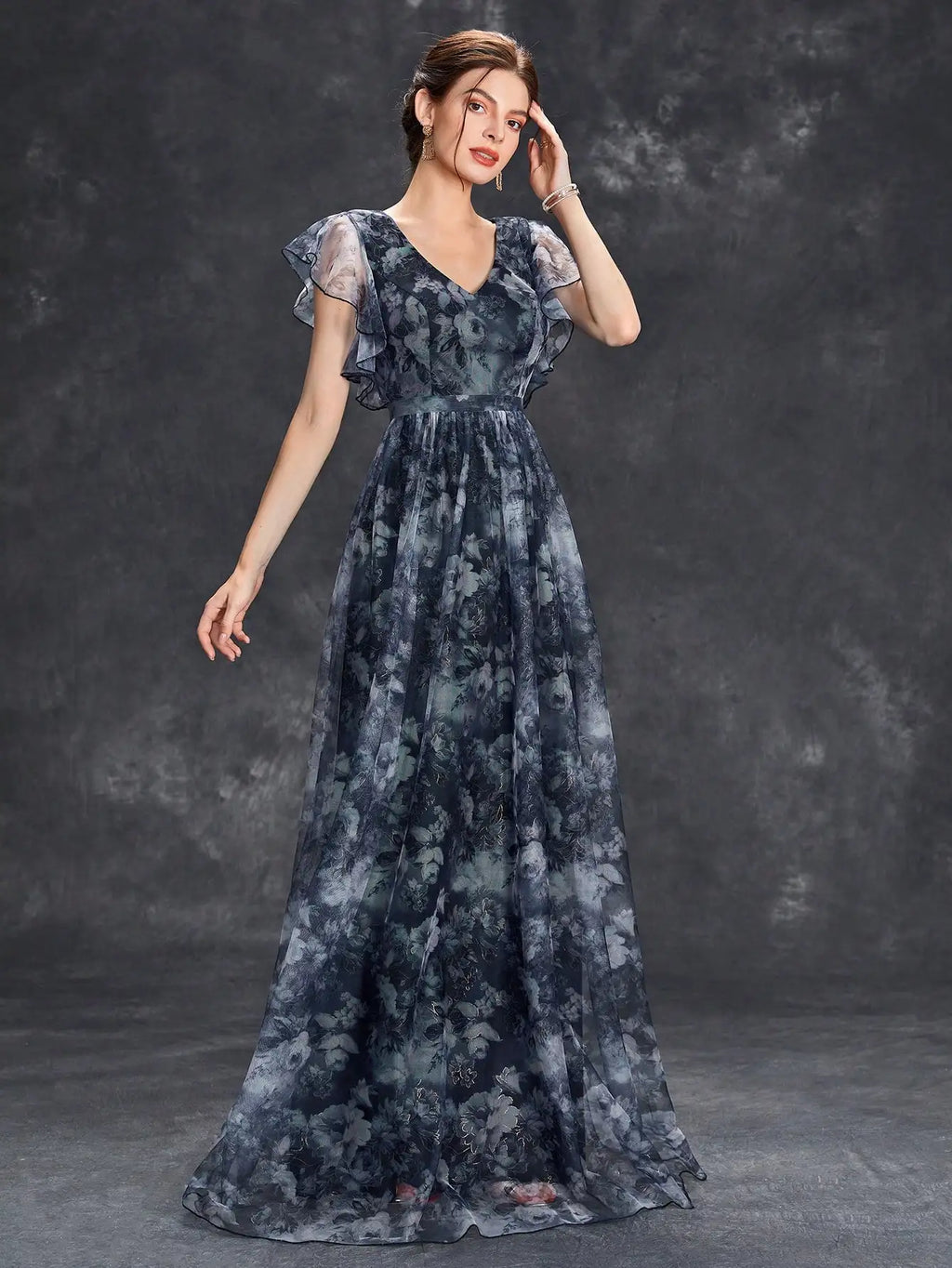 V Neck Lace Patchwork Evening Gown With Ruffled Sleeves
