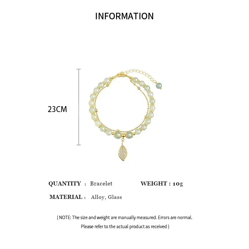 Chinese Style Green Jade Bracelet for Women with Gold Leaves Double Chain Design Elegant Bangle Gift for Special Occasions