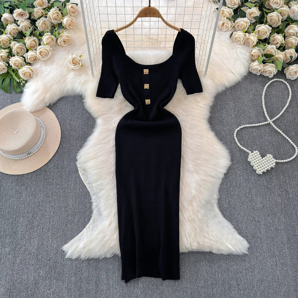 Knitted Bodycon Dress Women Square Collar Summer Long Dress