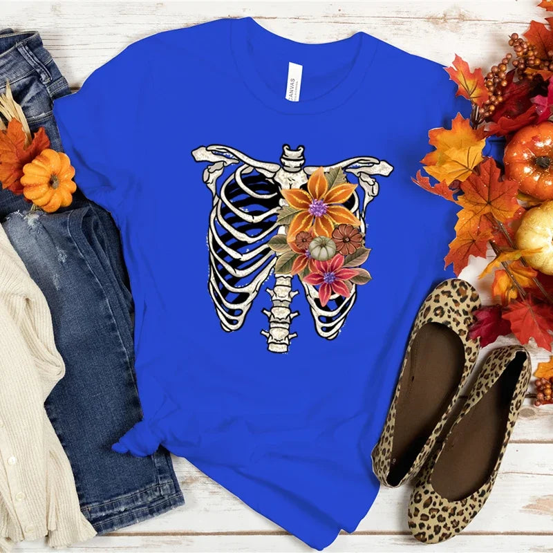 Halloween Skeleton Graphic Tee for Women with Flower Spine Design
