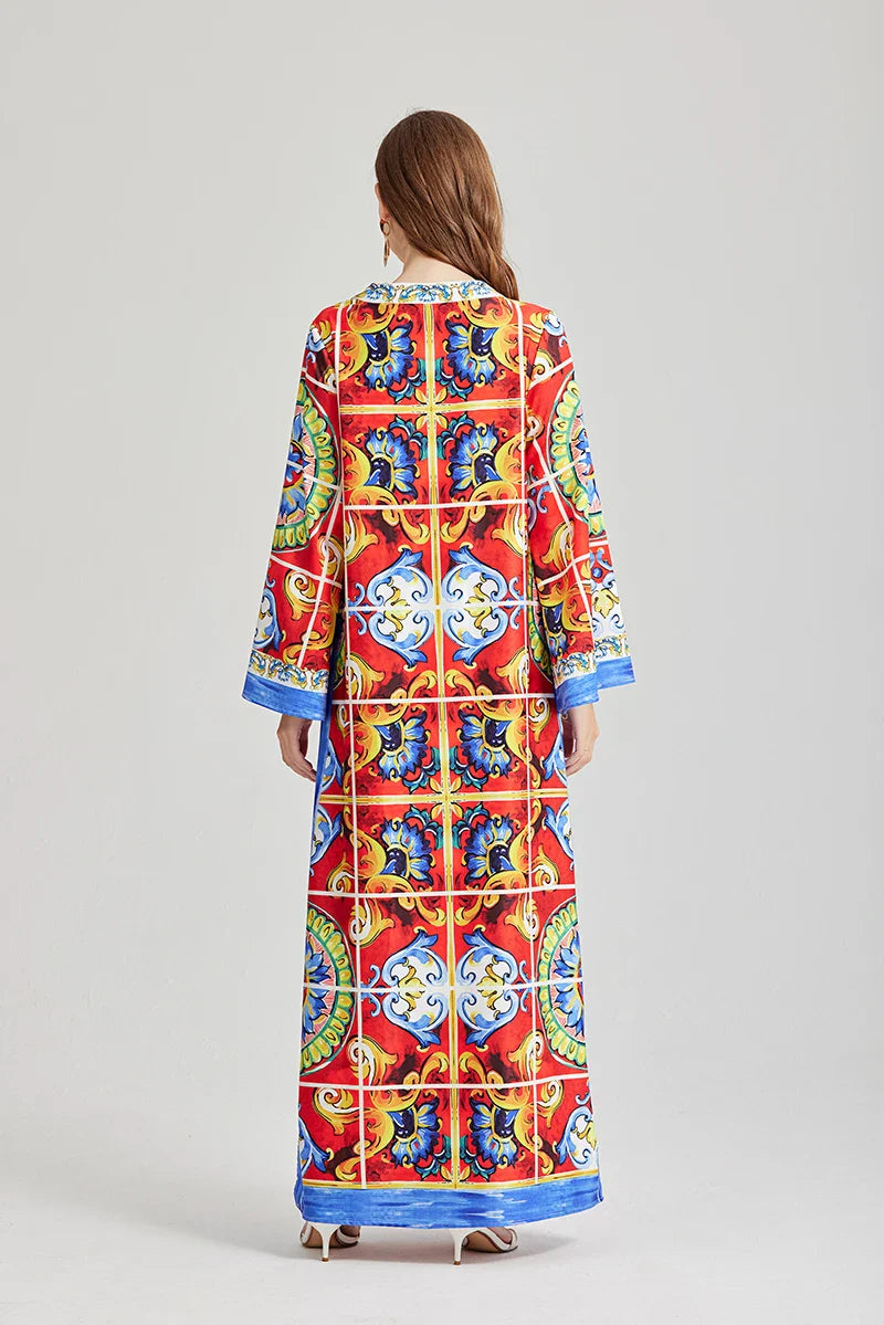 Bohemian Maxi Dress Floral Print Long Sleeve O Neck