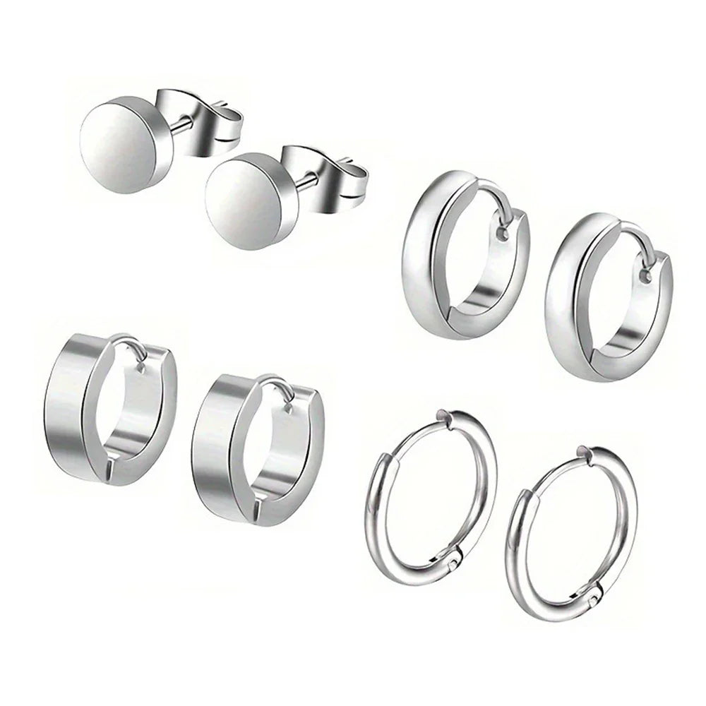 Stylish Men's Earring Set - 4 Pairs of Black Stainless Steel Studs and Hoops, Durable and Allergy-Free