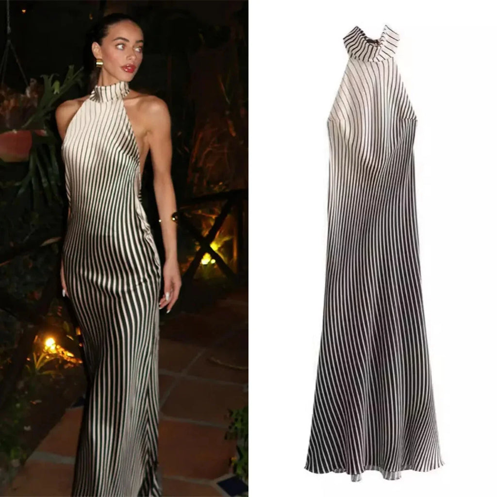 Stripe Halter Backless Evening Dress For Formal Parties