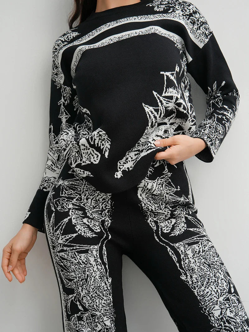 Elegant Women's Loungewear 2 Piece Knit Pants Set with Ink Floral Sweater and Matching Knitted Bottoms