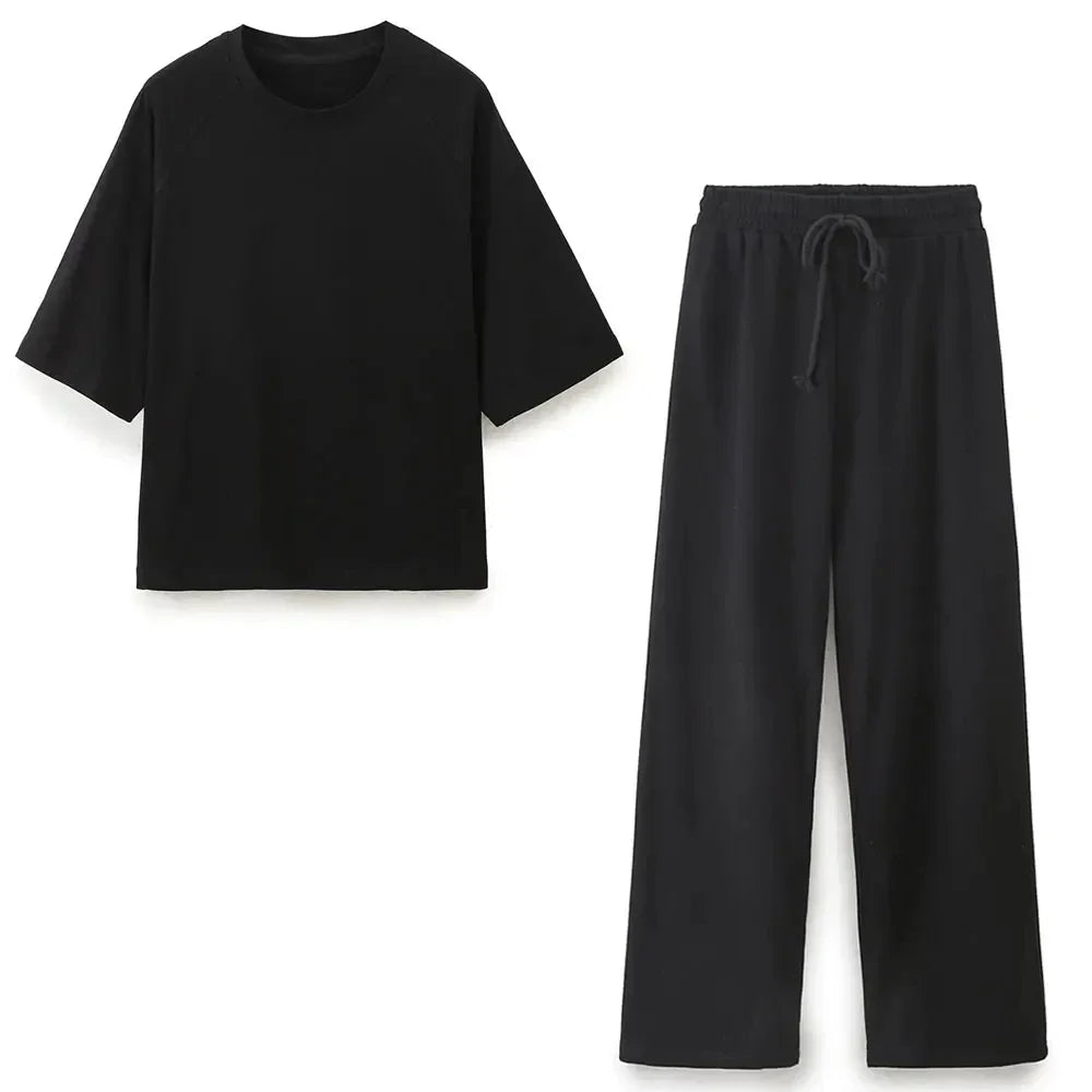 Women's Solid Casual Trouser Set with Short Sleeve T-Shirt and Elastic Waist Wide Leg Pants