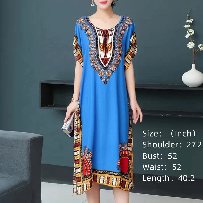 Retro Ethnic Print Batwing Sleeves Dress With High Slit