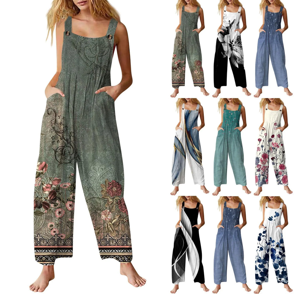 Women Casual Loose Cotton Linen Jumpsuit Adjustable Straps Sleeveless Summer Overalls Cute Comfy Rompers with Functional Pockets