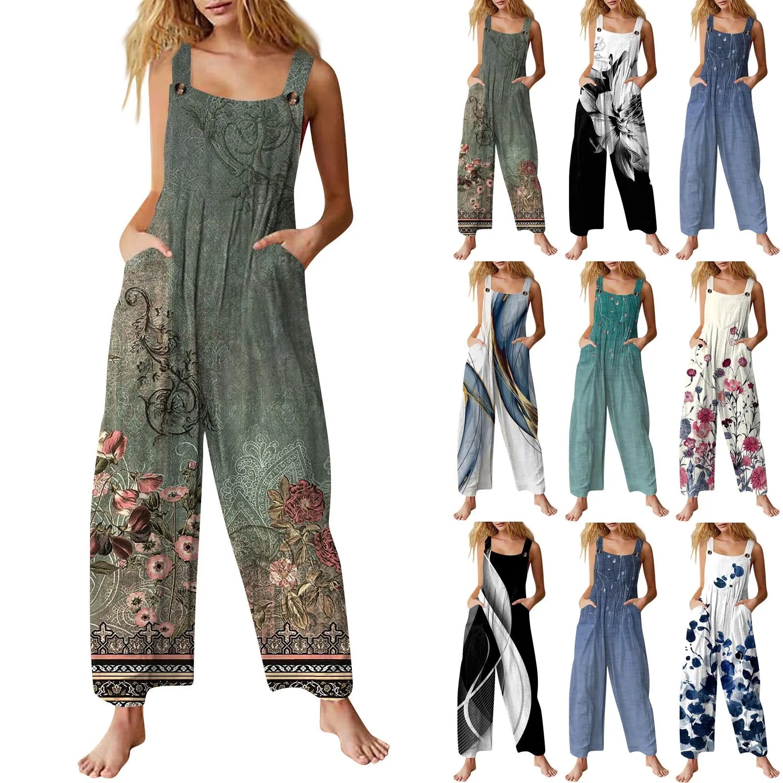 Women Casual Loose Cotton Linen Jumpsuit Adjustable Straps Sleeveless Summer Overalls Cute Comfy Rompers with Functional Pockets