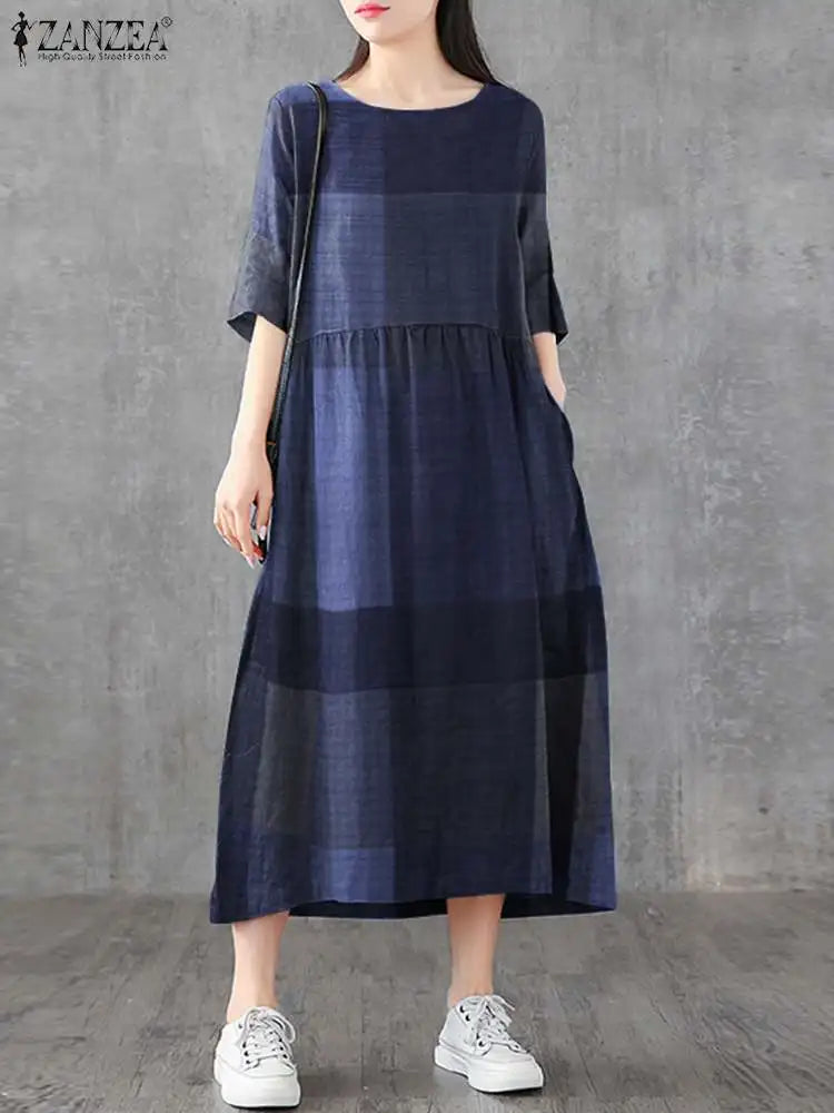 Cotton Linen Dress Plaid Midi With Side Pockets O Neck