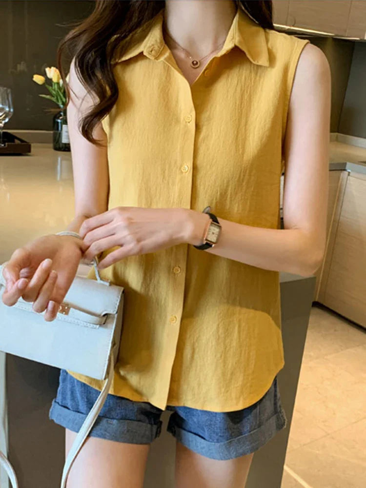 Sleeveless Turn-Down Collar Blouse for Women Elegant OL Style Workwear Shirt Lightweight Summer Top