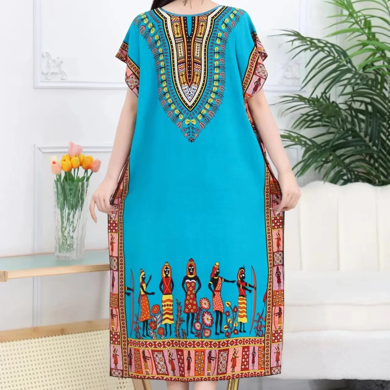 Retro Ethnic Print Batwing Sleeves Dress With High Slit