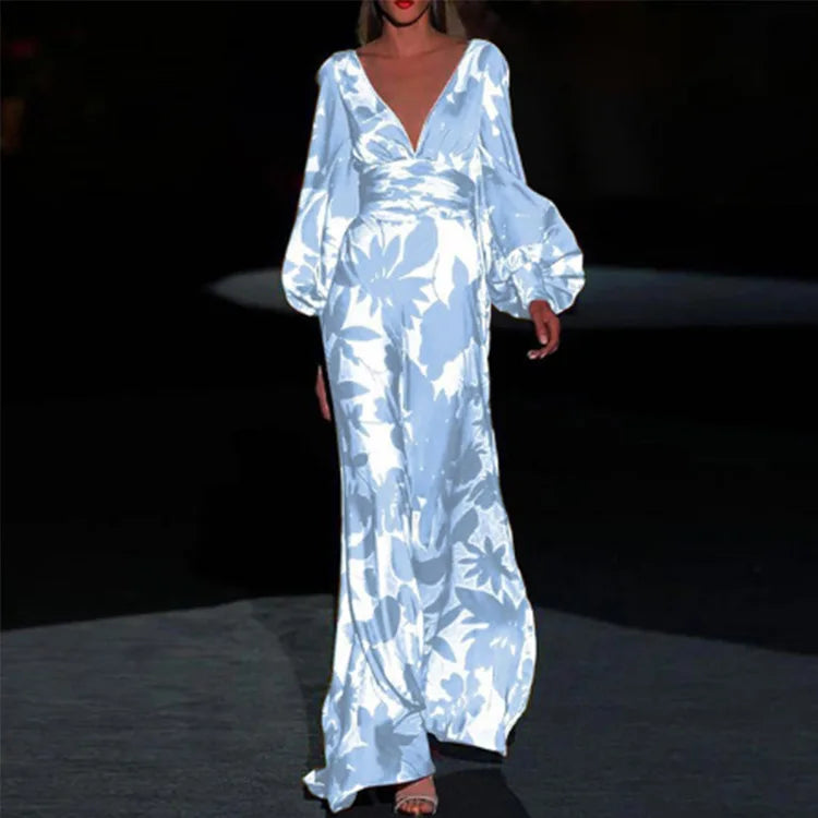 Printed Womens V Neck Lantern Sleeve Long Evening Dress