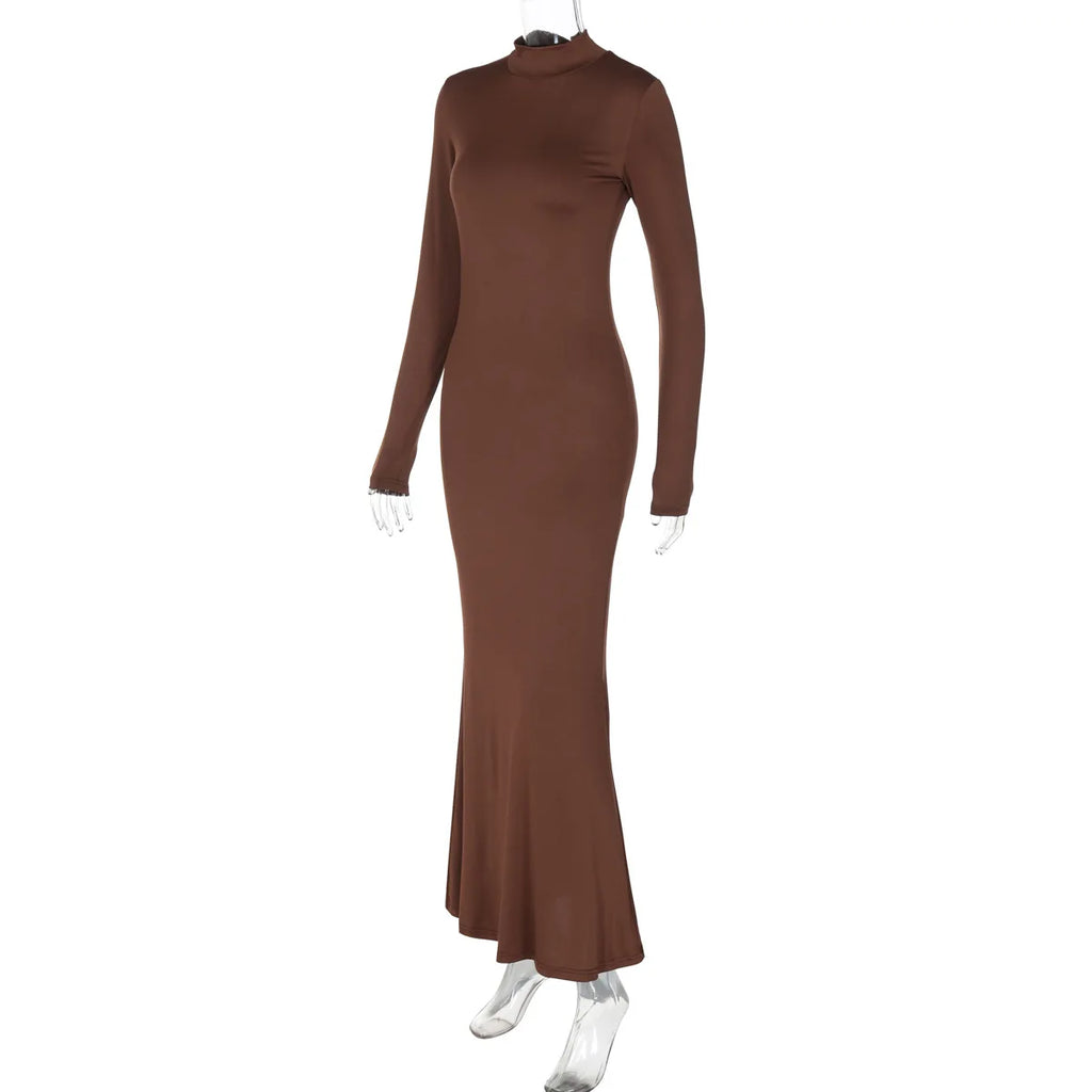 Womens Maxi Dress Autumn Turtleneck Button Long Sleeve