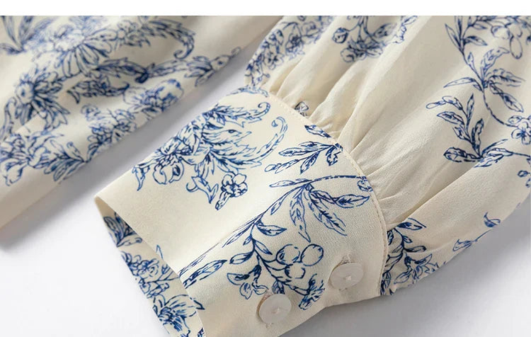 Women 100 Percent Mulberry Crepe Silk Shirt White Floral Button Down Long Sleeve Blouse Elegant Office Top M L XL