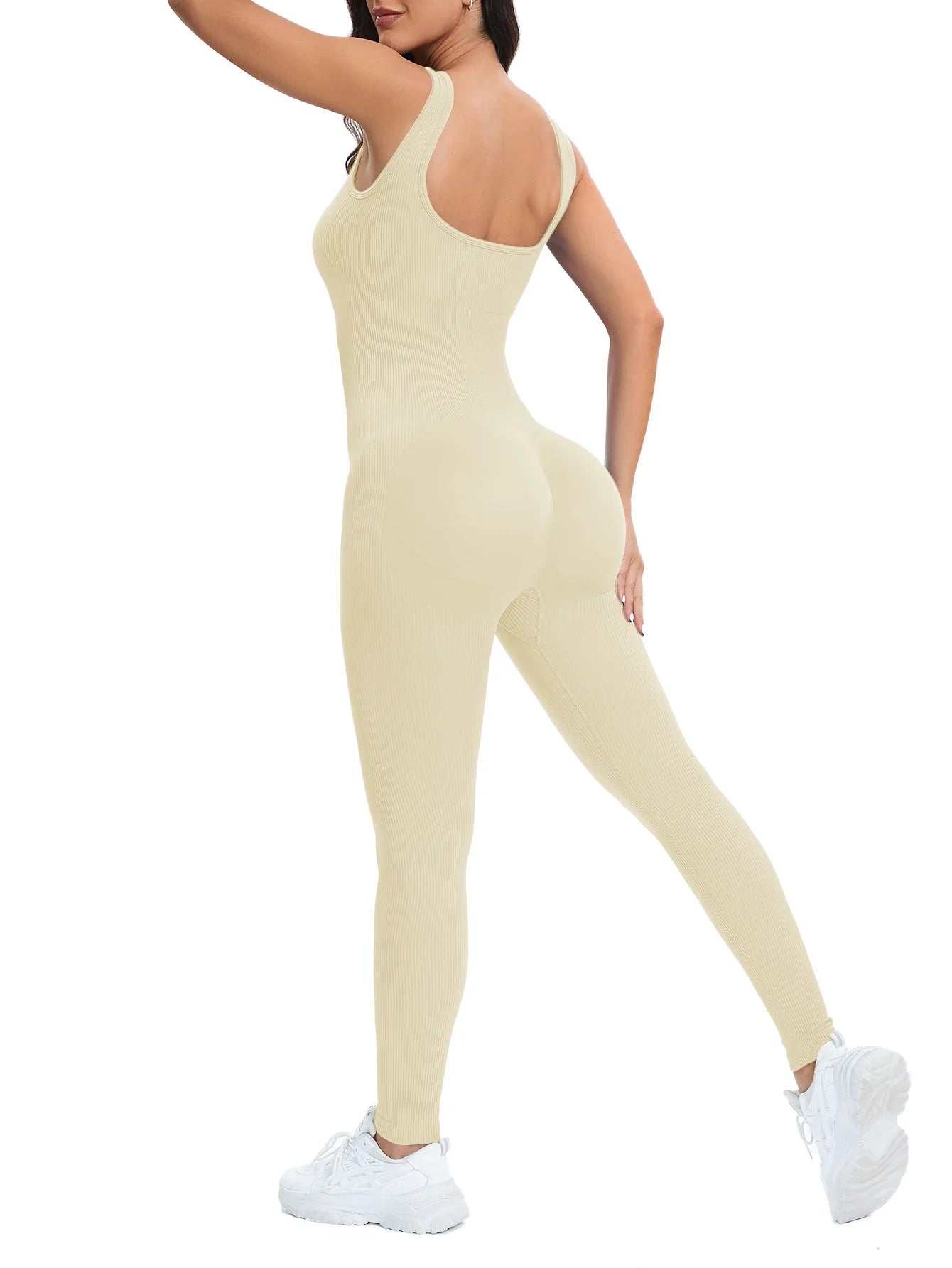 Shapewear Jumpsuit for Women Built-In Bra Sleeveless Bodycon Ribbed Square Neck Summer Romper with Seamless Stretch Fabric and Butt Lifting Support