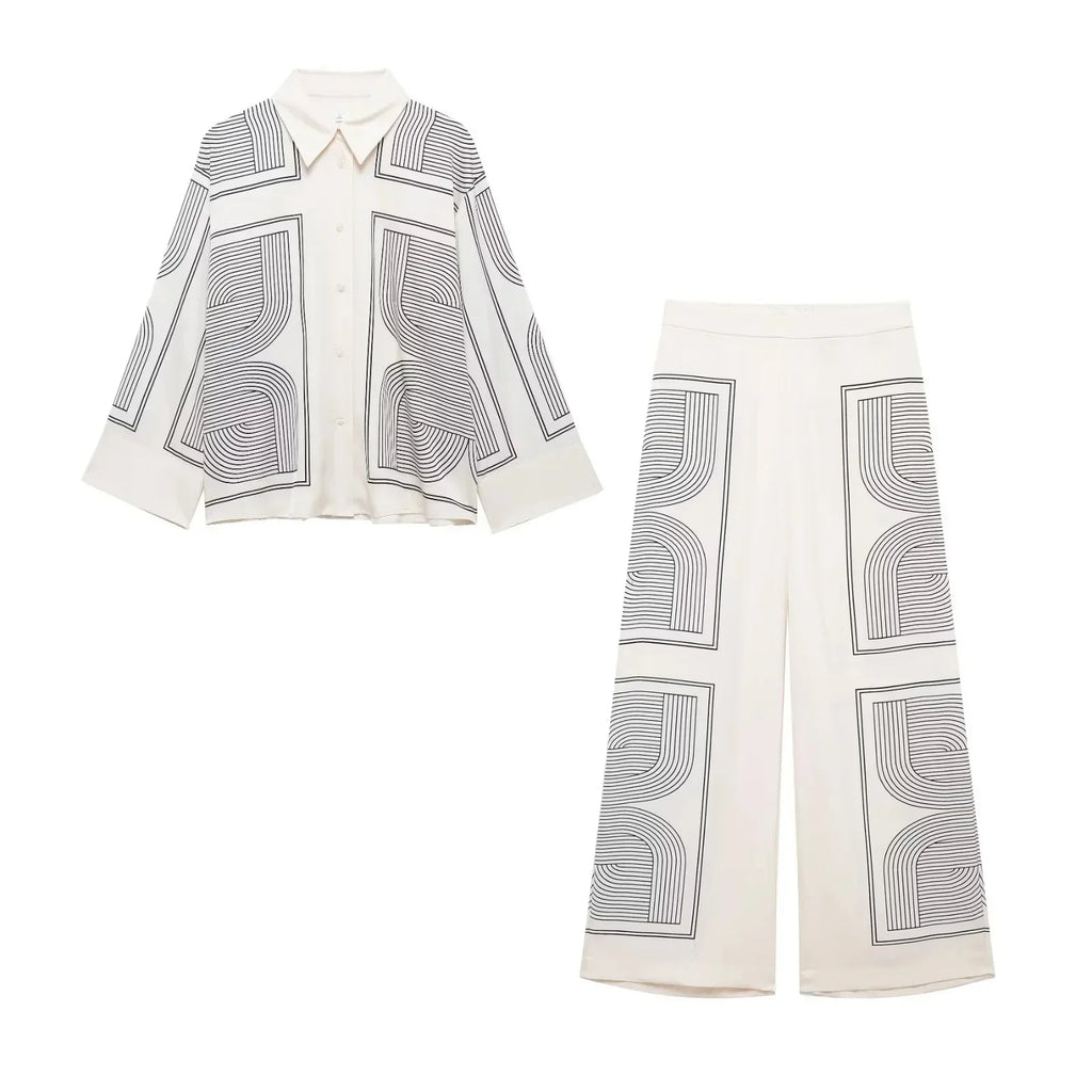 Stylish Women's Suit Set with Long Sleeve Shirt and Wide Leg Pants in Creamy Base and Geometric Patterns