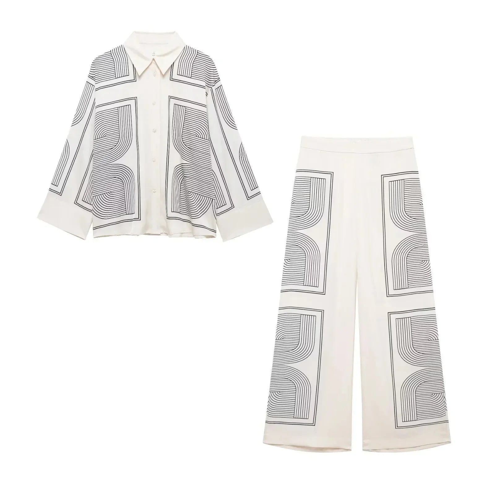Stylish Women's Suit Set with Long Sleeve Shirt and Wide Leg Pants in Creamy Base and Geometric Patterns