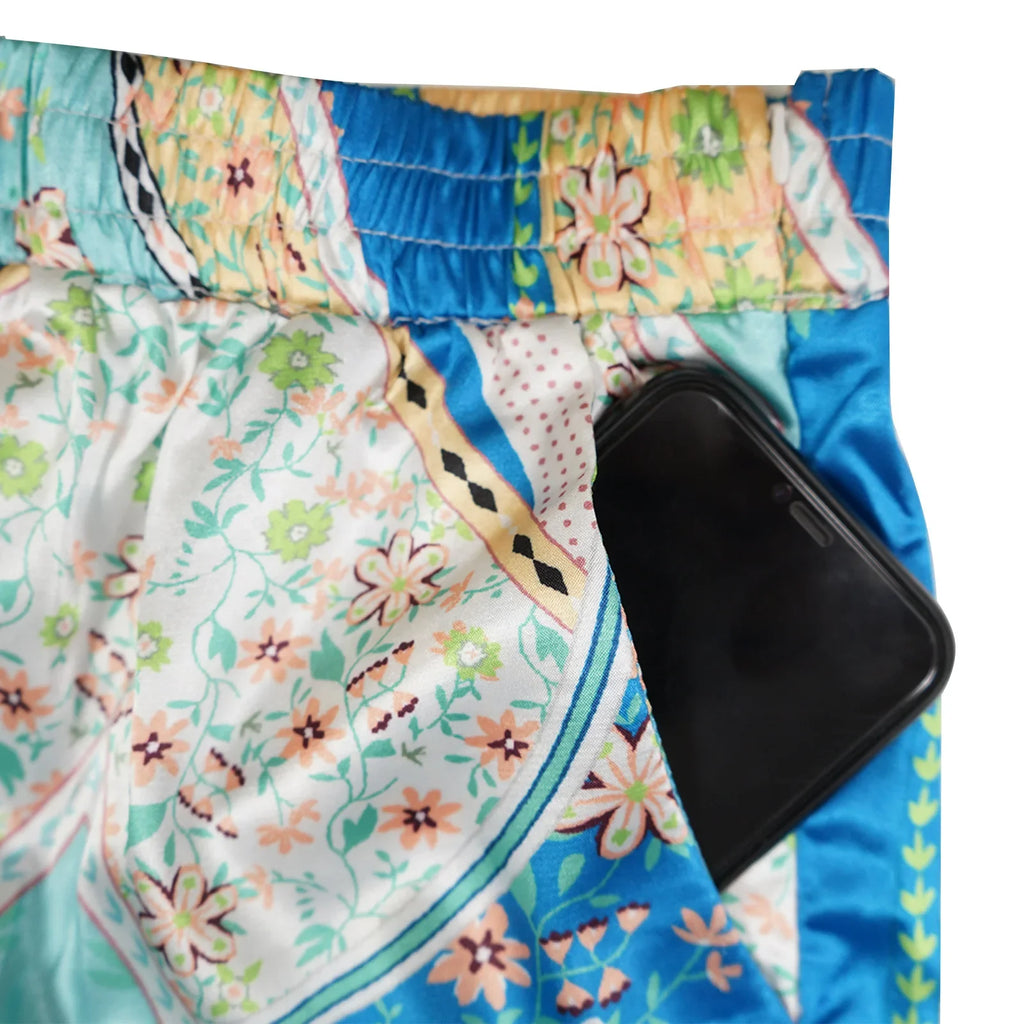 Women's Imitation Silk Printed Two Piece Set with Lace-Up Long Sleeve Top and Wide-Leg Pants for Casual Street Style