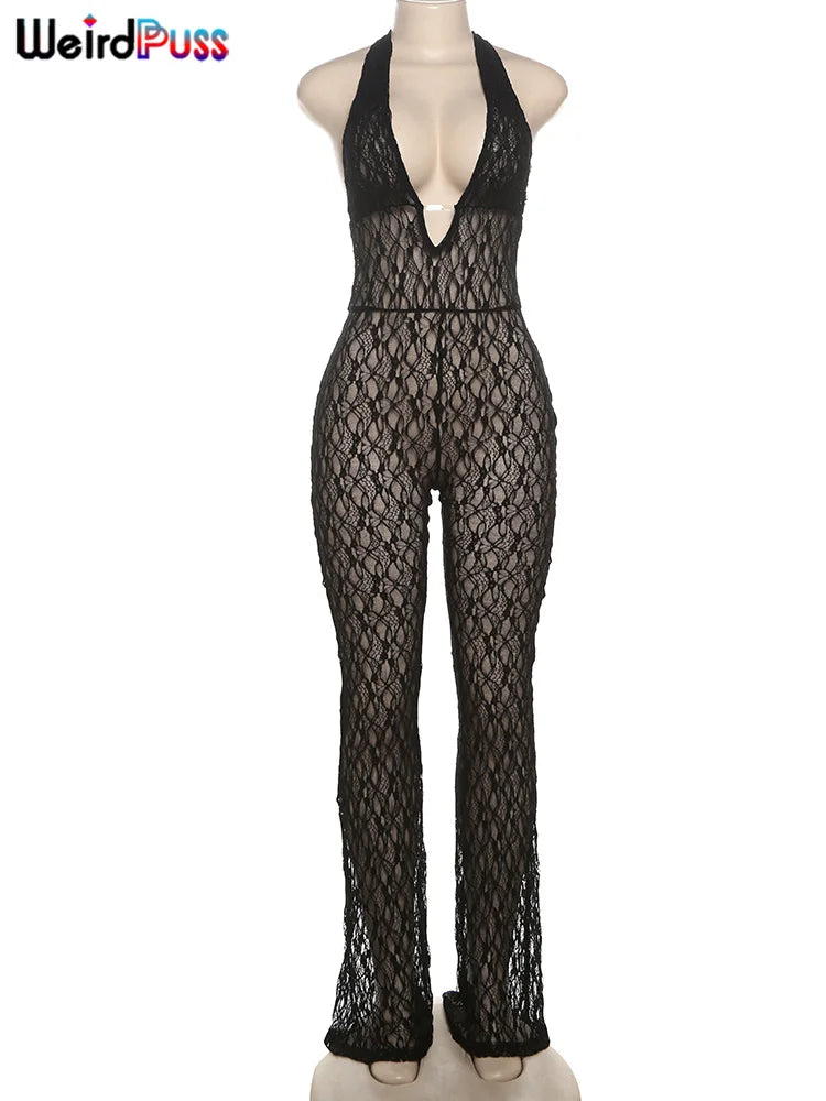 Sexy Mesh Halter Jumpsuit for Women Backless Skinny Low-Neck Midnight Clubwear Birthday Party Workout Overalls