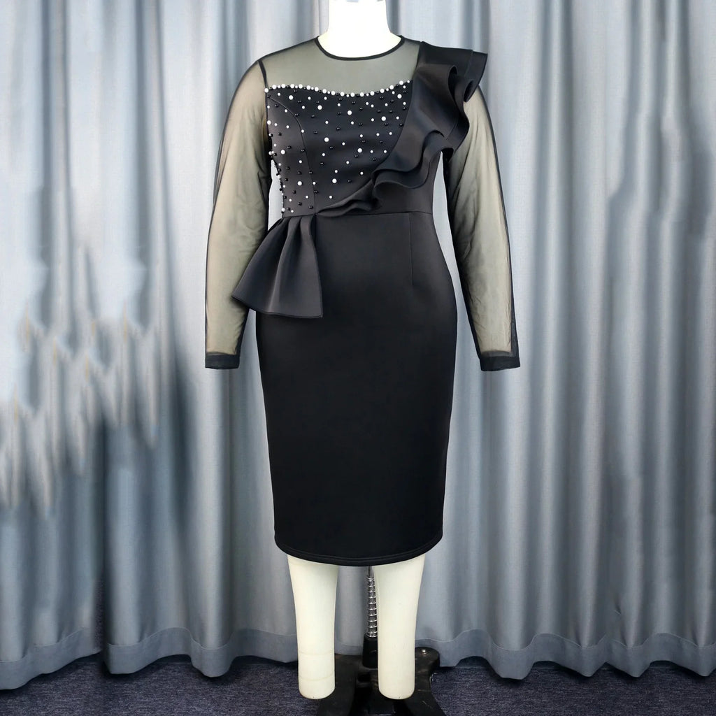 Elegant Beaded O Neck Sheath Dress With Ruffles Mid Calf