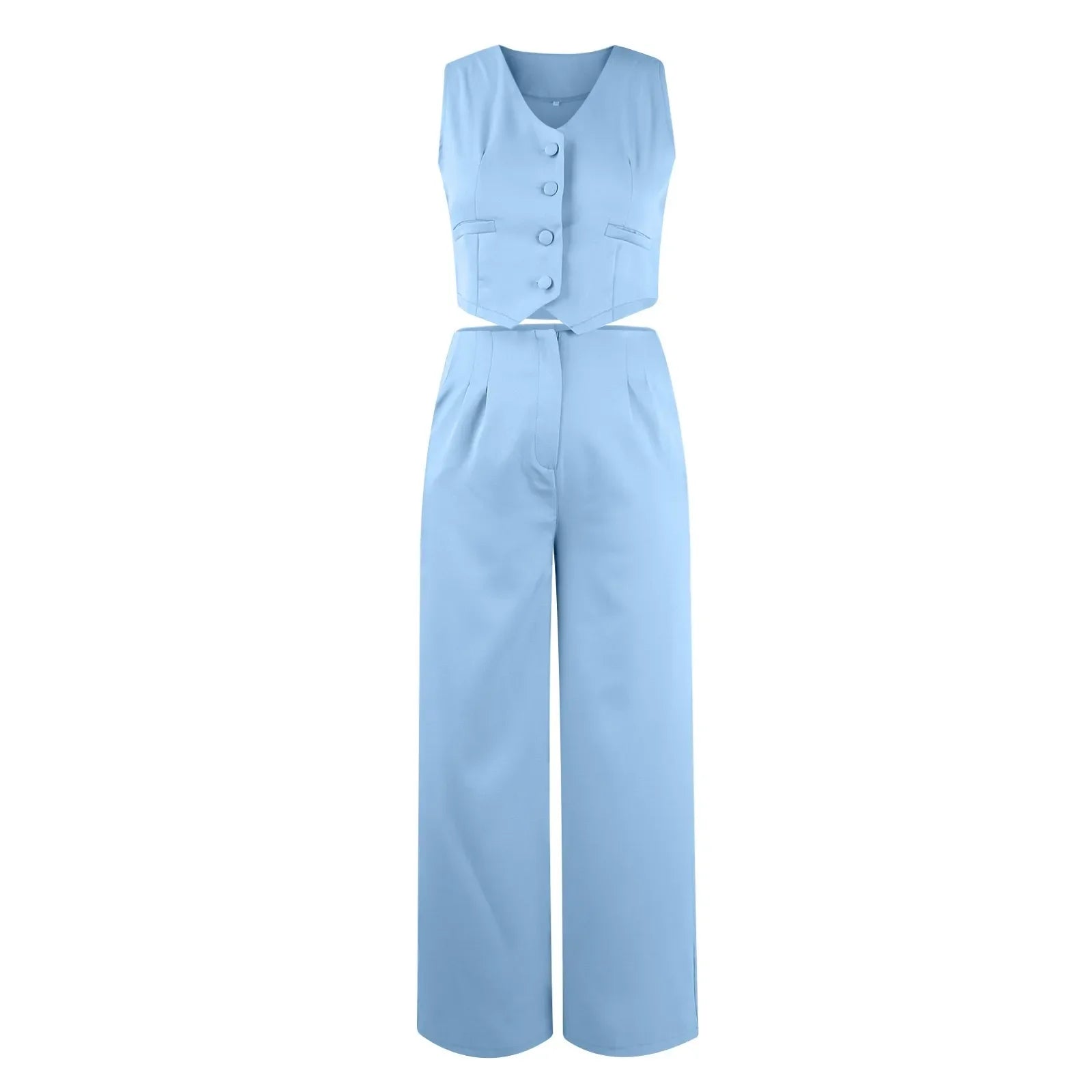 Sleeveless V-Neck Vest and Wide Leg Pants Suit for Women