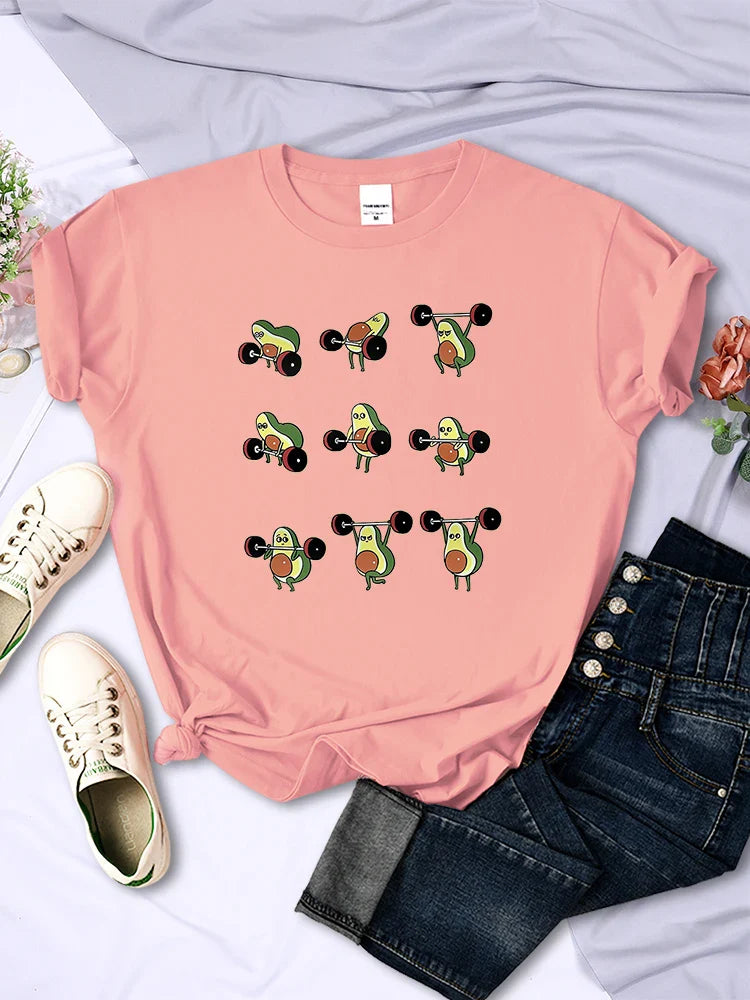 Avocado Cartoon Weightlifting T Shirt for Women Casual Short Sleeves Korean Hip Hop Style