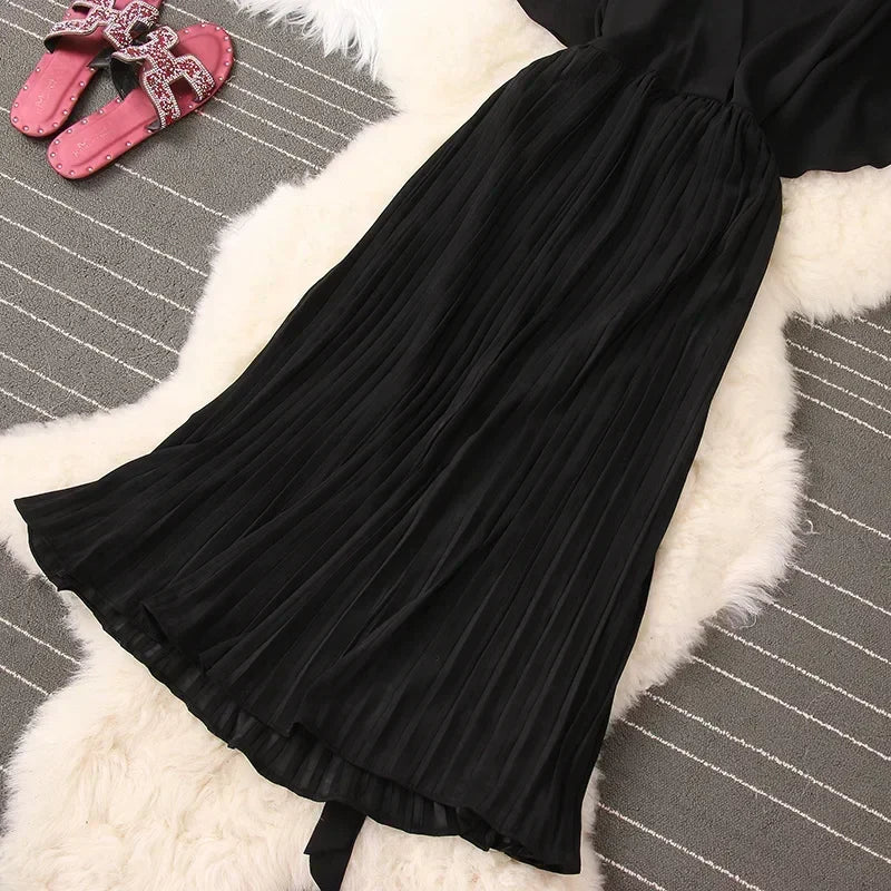 Chiffon Pleated Lace Up V Neck Dress For Women Summer