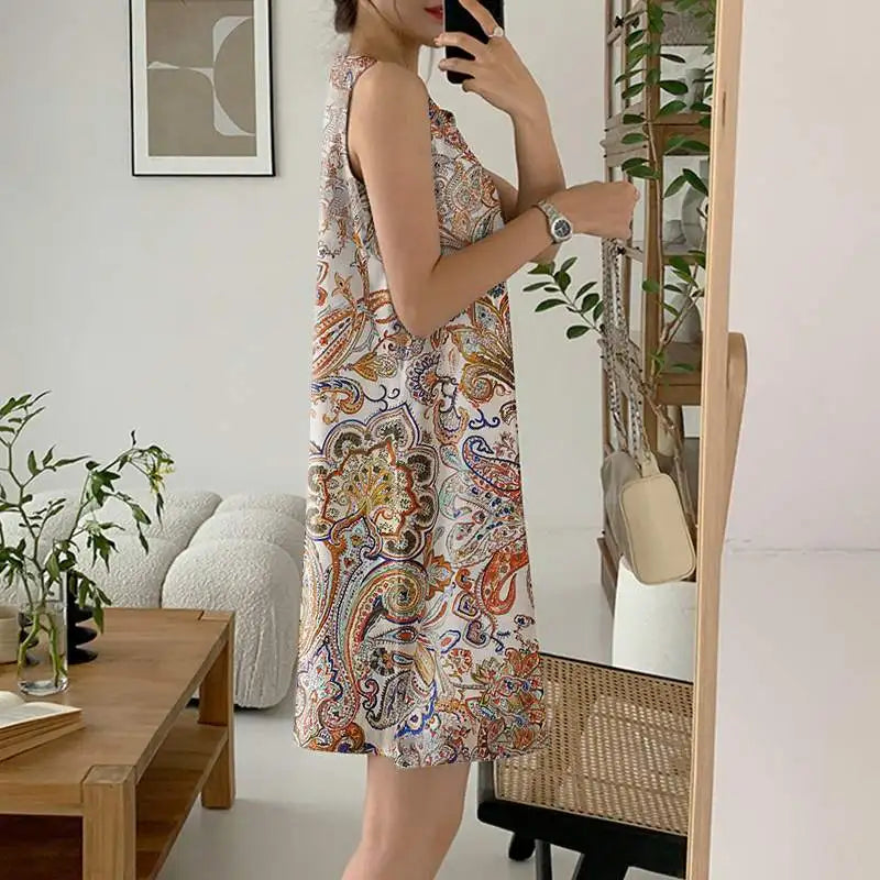 Boho Print Pleated Sleeveless Mini Dress For Summer