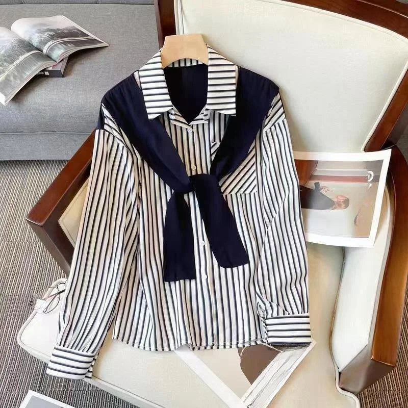 Sweet Stripe Print Long Sleeve Shirt with Layered Two-Piece Design Elegant Chic Blouse for Women