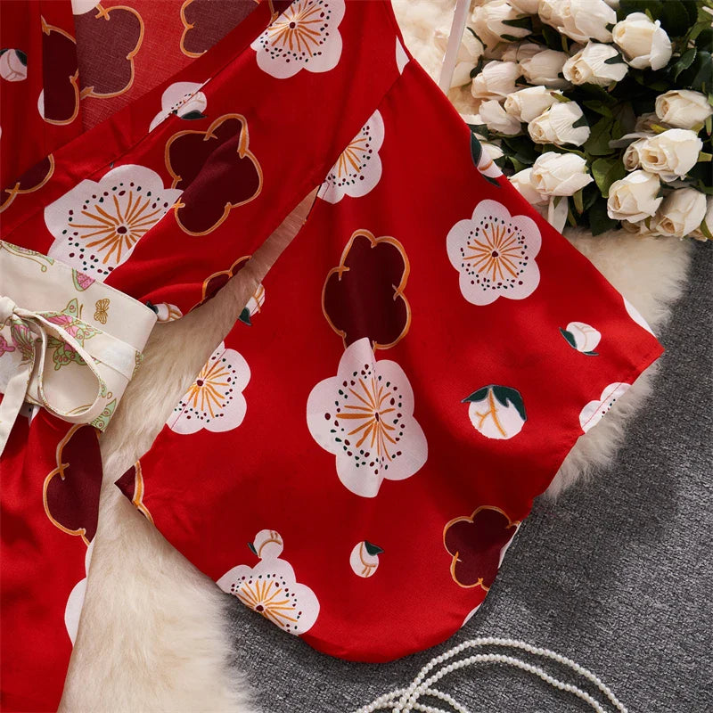 Red Kimono Cardigan For Women See Through Lace Up Dress