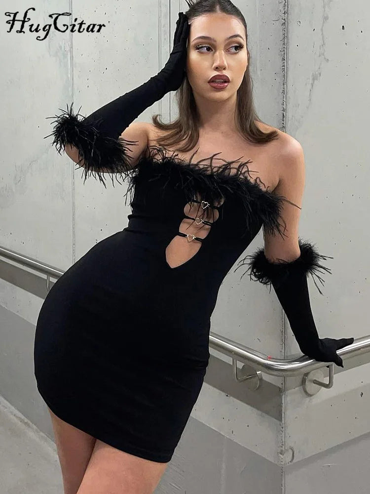 Feather Off Shoulder Mini Dress With Heart Cutouts Party