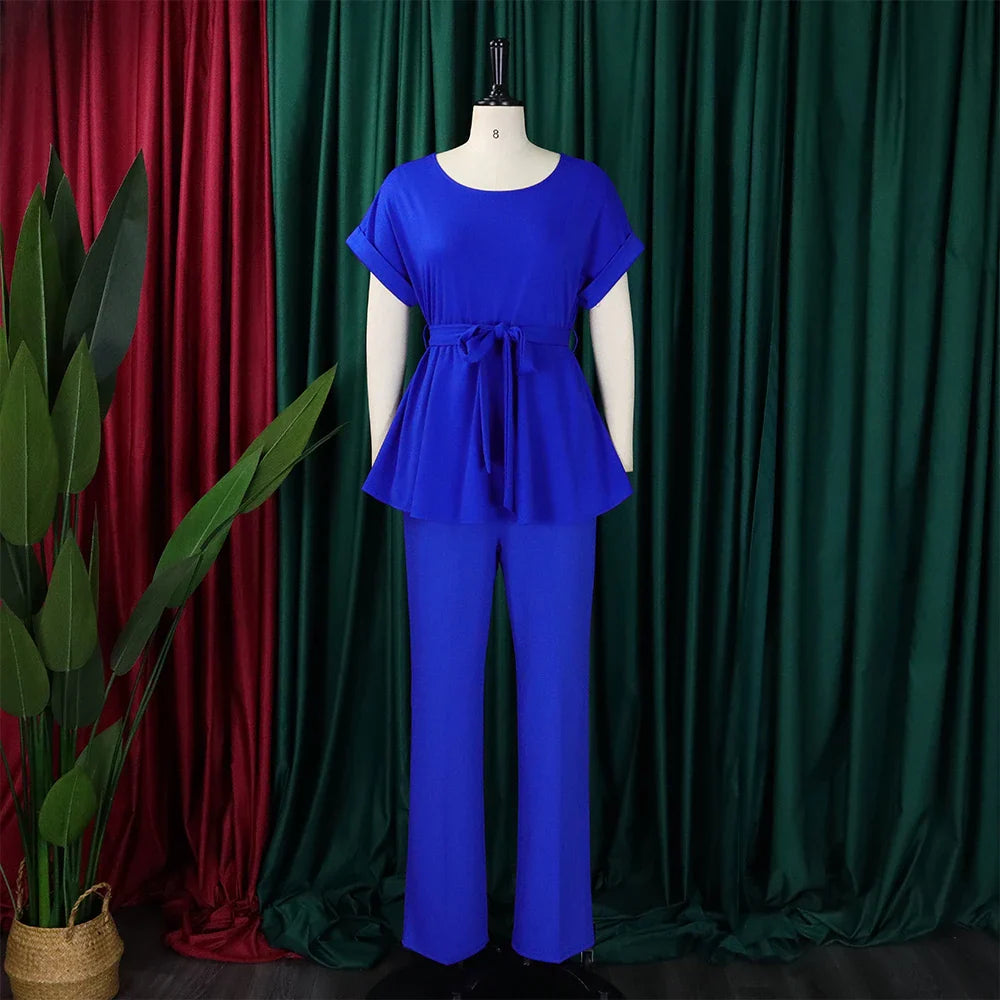 Women's Elegant 2 Piece Pants Set with Solid Blouse Short Sleeve O Neck and Long Trousers