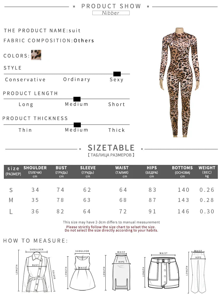 Leopard Print Women's Full Sleeve Zip Jumpsuit Skinny Stretch Fitness Workout Streetwear Overalls