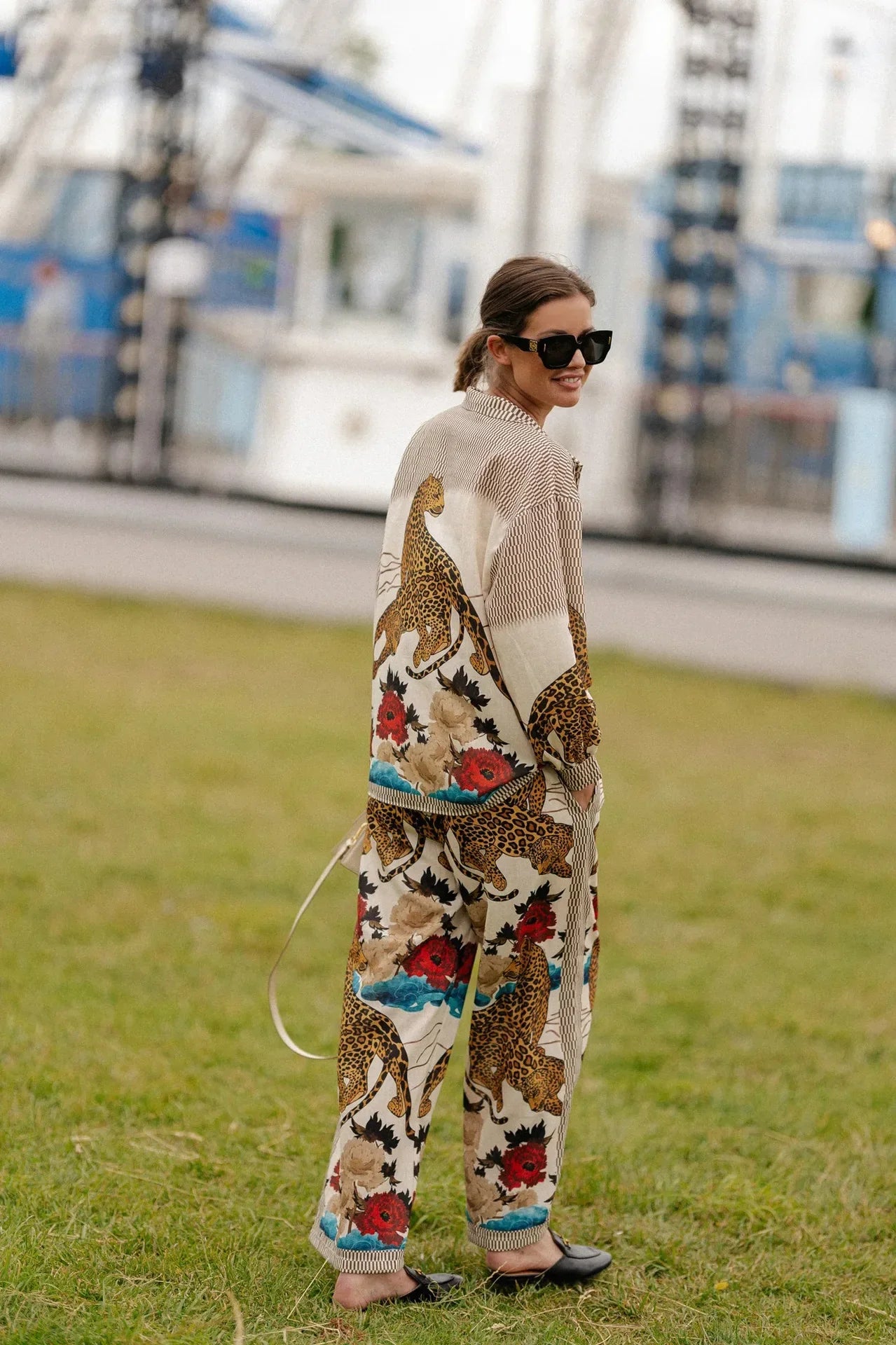 Autumn Women Leopard Print Suit Vintage Single Breasted Wide Leg Pants Set Casual Loose Outfit