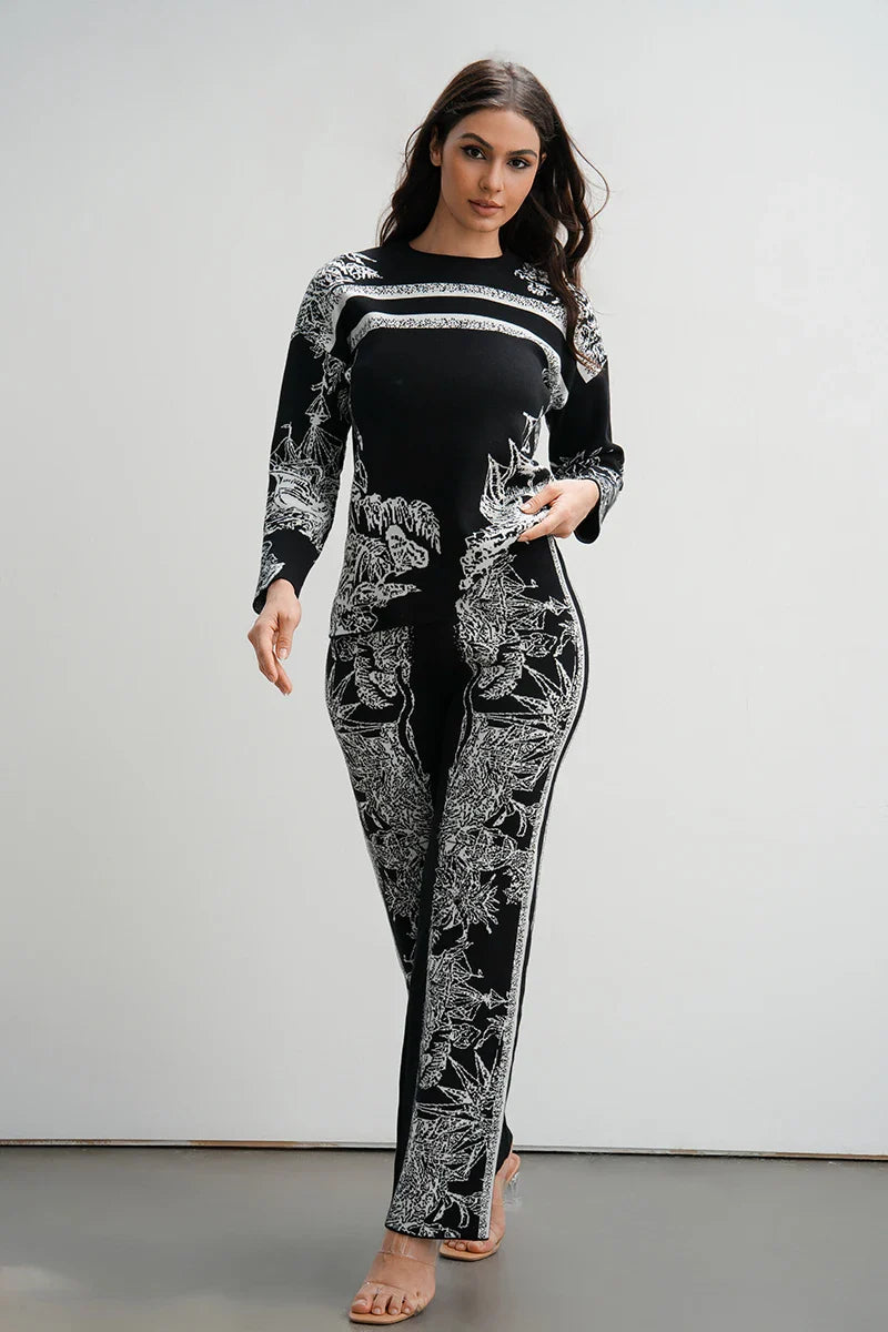 Elegant Women's Loungewear 2 Piece Knit Pants Set with Ink Floral Sweater and Matching Knitted Bottoms